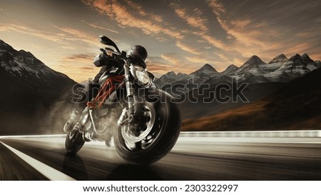 Bottom view image of man, professional motorbike rider on road, riding with high speed around mountains on sunset. 3D render background. Concept of motosport, speed, hobby, journey, activity Imagine de stoc © 