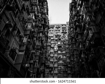 Bottom View Looking Up At Old Residential City Apartment Block. Hong Kong Cityscape Downtown.