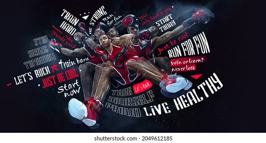 Bottom view of male sportsman, boxer in red boxing gloves in motion and action isolated on black background with white lettering, graphics and drawings. Concept of sport, health, ad and show. Poster