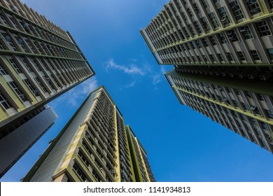 Bottom view of modern skyscraper. 