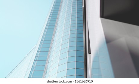 Bottom view of modern skyscrapers in business district against blue sky - closeup background - Shutterstock ID 1361626910
