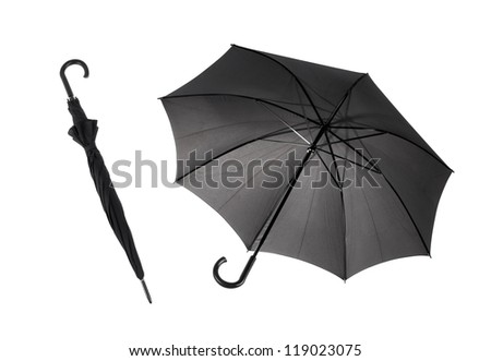 Bottom view at one close and open black umbrella with curved handle, objects isolated on white background in horizontal orientation, nobody.