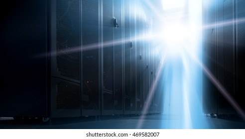 Bottom view of rack server against neon light in data center with dept of field