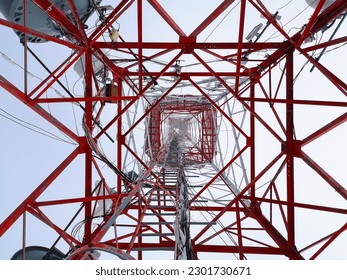 Bottom view of the red communication tower