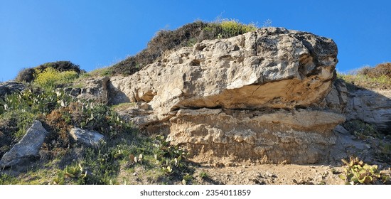 bottom view of sheer cliffs, stone ledge and growing cacti along the edges. beauty in nature. destination for travel, hiking and romantic evenings