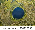 Bottomless circle Lake in forest of Solnechnogorsk District, Moscow region. Russia. Aerial view