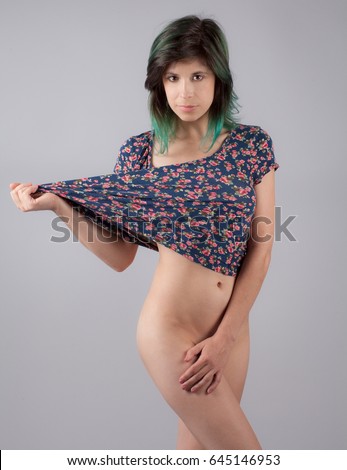 Bottomless Woman In Crop Top Covering Self With Hand Bottomless Woman In Crop Top Covering Self With Hand