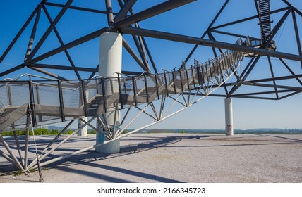 BOTTROP, GERMANY - MAY 09, 2022: Steel stairs going up to the viewing platforms of the tetrahedron in Bottrop, Germany