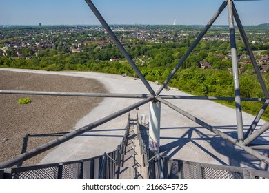 BOTTROP, GERMANY - MAY 09, 2022: Stairs of the tetrahedron overlooking the landscape in Bottrop, Germany