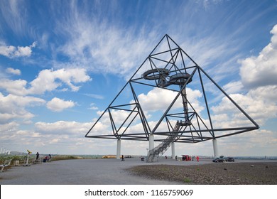 Bottrop, Germany-AUGUST 11,2018:The  tetrahedron, steel tube structural sculpture which foam as pyramid or tetrahedron is located on the hill top of the mine dump Halde Beckstraße in Bottrop, Germany.