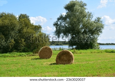 Bouaye - Round bales of straw in front of Lake Grand-Lieu