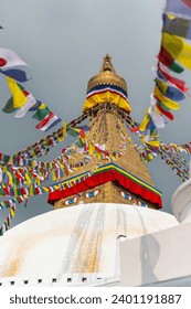 Boudhanath Stupa, Bodnath or Boudha is a UNESCO World Heritage Site in Kathmandu, Nepal. Temple with Buddha eyes and prayer flags.