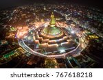 Boudhanath Stupa. Night photo. Nepal. Kathmandu. The festival of fire. Night shot from the air.