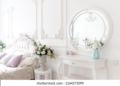 Boudoir Table. Details Of Interior Bedroom For Girls And Make-up, Hairstyles With Mirror