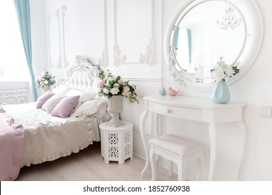 Boudoir Table, Details Of Interior Bedroom For Girls And Make-up, Hairstyles With Mirror.