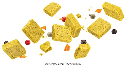 Bouillon cubes isolated on white background, chicken broth concentrate