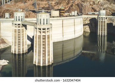 Boulder City, Nevada, United States: July 6 2009: Hoover Dam With Penstock Water Inlet Towers. A Concrete Arch Gravity Dam.