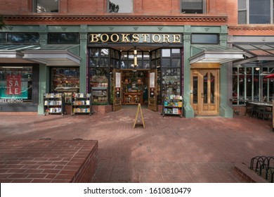 Boulder, CO - January 07, 2020: Boulder Bookstore storefront on a sunny day with signs out front