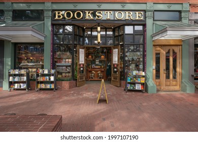 Boulder, CO - January 07, 2020: Boulder Bookstore Storefront On A Sunny Day With Signs Out Front