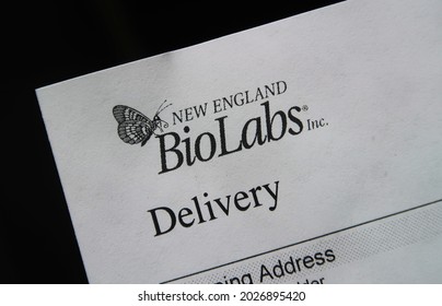 Boulder, CO USA - August 17, 2021: Letterhead And Logo With Butterfly For New England BioLabs On A Delivery Invoice Packing Slip                               