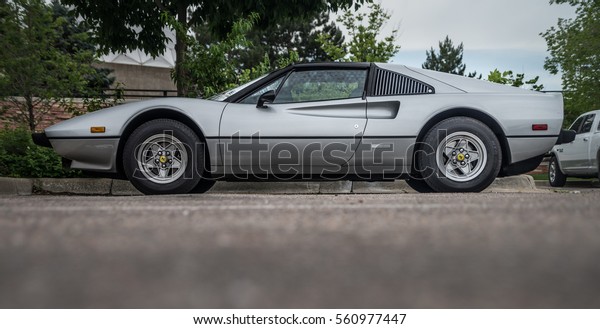 Boulder,\
CO, USA - June 21, 2015: Ferrari 308 GTS, a targa topped V8\
mid-engined, 2-seater sports cars (1975-1985). Powered by F106 AB\
V8 engine producing 240 PS (237 bhp) for\
USA.