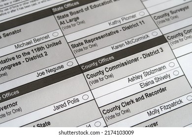 Boulder, CO USA - June 26, 2022: Boulder County Primary Election Paper Ballot Form