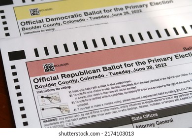 Boulder, CO USA - June 26, 2022: Boulder County Primary Election Paper Ballot Form