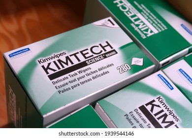 Boulder, CO USA - March 18, 2021: Boxes Of Kimberly Clark Kimwipes Brand Kimtech Science Paper Tissue                               