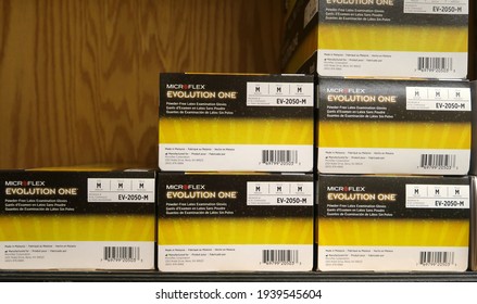 Boulder, CO USA - March 18, 2021: Boxes Of Microflex Brand Evolution One Latex Gloves                               