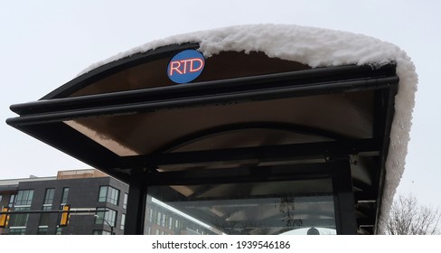 Boulder, CO USA - March 18, 2021: RTD Bus Shelter Roof Covered With Snow                               