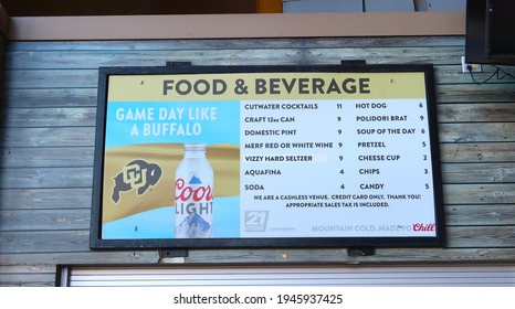  Boulder, CO USA - March 29, 2021: Food And Beverage Menu With Prices At Folsom Field                              