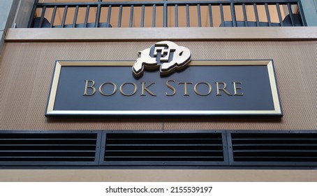 Boulder, CO USA - May 3, 2022: University Of Colorado CU Book Store Sign. Buffalo Mascot Logo. Black And Gold