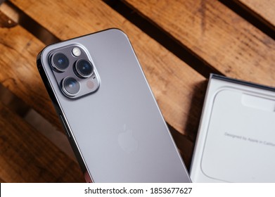 Boulder, CO / USA - Nov 13, 2020: Apple deliveries of the iPhone 12 Pro Max made it to households on this day. This mobile phone records 4k video in Dolby Atmos HDR.