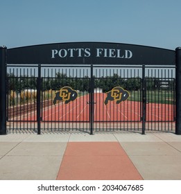 BOULDER,  COLORADO - AUGUST 30, 2021: The University Of Colorado At Boulder Buffaloes Logo At The Entrance To Pott's Field, Home To The School's Men's And Women's Track And Field Teams. 