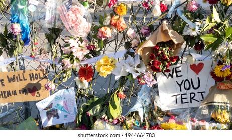 Boulder, Colorado - USA - 03 27 2021: Fence With Flowers And Signs After The Mass Shooting In King Soopers