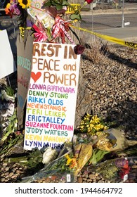Boulder, Colorado - USA - 03 27 2021: Fence With Flowers And Signs After The Mass Shooting In King Soopers 