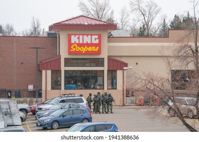 Boulder, Colorado USA - March 22, 2021: Police And SWAT Officer In Front Of King Soopers - The Scene Of A Mass Shooting