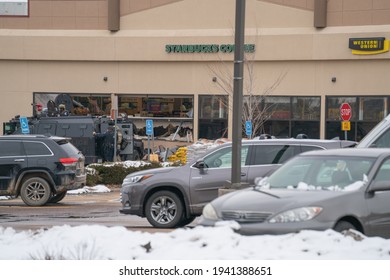 Boulder, Colorado USA - March 22, 2021: Police And SWAT Officer In Front Of King Soopers - The Scene Of A Mass Shooting