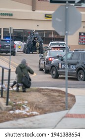 Boulder, Colorado USA - March 22, 2021: Police And SWAT Officer In Front Of King Soopers - The Scene Of A Mass Shooting