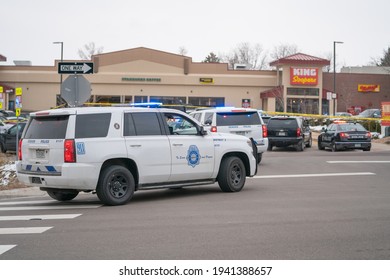 Boulder, Colorado USA - March 22, 2021: Police And SWAT Officer In Front Of King Soopers - The Scene Of A Mass Shooting