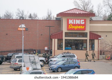 Boulder, Colorado USA - March 22, 2021: Police And SWAT Officer In Front Of King Soopers - The Scene Of A Mass Shooting