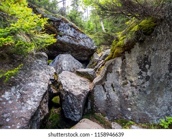 Boulder Filled Ravine, A Rock Scramble Section Of The Appalachian Trail In Maine, In Mahoosuc Notch.