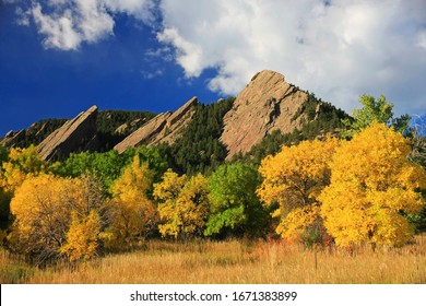 Boulder Flatirons in Autumn rises just above the trees