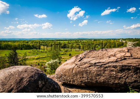 Boulders and view of battlefields on Little Round Top, in Gettysburg, Pennsylvania.