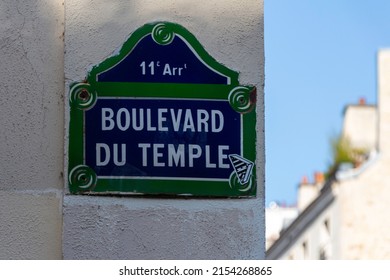 Boulevard du Temple (English : Temple Boulevard) street sign, one of the most famous boulevards in Paris, France.