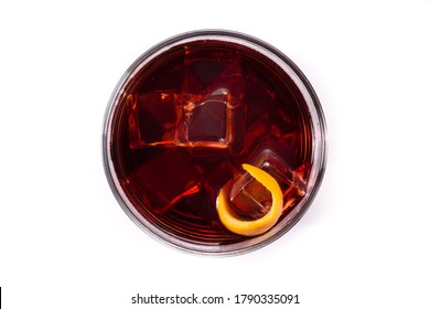 Boulevardier Cocktail And Orange Zest Isolated On White Background.Top View