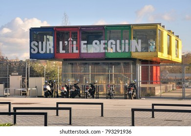 BOULOGNE-BILLANCOURT, FRANCE - DECEMBER 28, 2017: Color Construction Used To Present Future Projects On Ile Seguin In Boulogne Billancourt