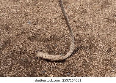 bound end of thick twisted rope hanging from above and resting on a wood chips ground - Powered by Shutterstock