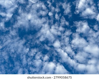 Boundless celestial canvas painted with soft luminous cumuli scattered across the daytime zenith