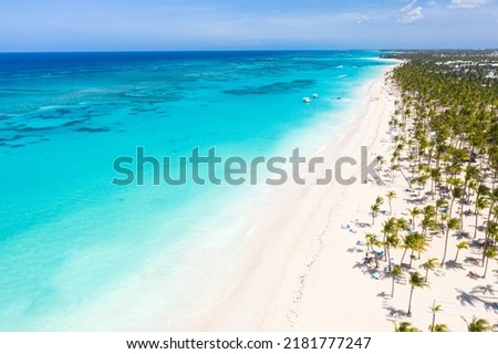 Bounty and pristine sandy shore with coconut palm trees, caribbean sea washes tropical coastline. Arenda Gorda beach. Dominican Republic. Aerial view